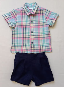 Conjunto niño camisa de lino cuadros marino y rosa