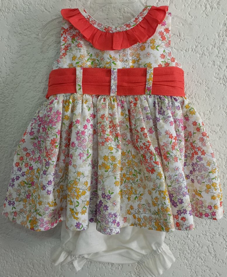 Vestido de lino algodón estampado de flores coral y amarillo