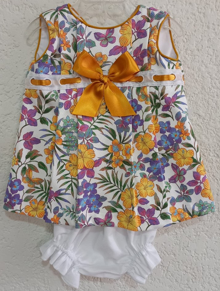 Vestido de piqué estampado de flores amarillas y lila