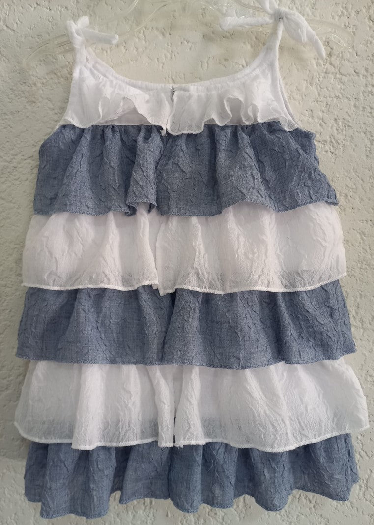 Vestido de algodón combinado de olanes blanco y azul