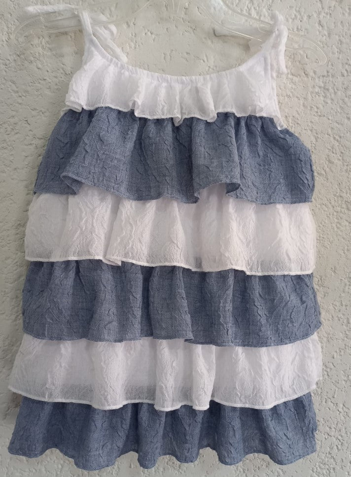 Vestido de algodón combinado de olanes blanco y azul